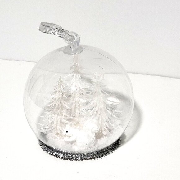 Snow Globe Christmas Ornament Squirrel Trees 4" x 4" Hanging Ribbon White - Picture 2 of 2